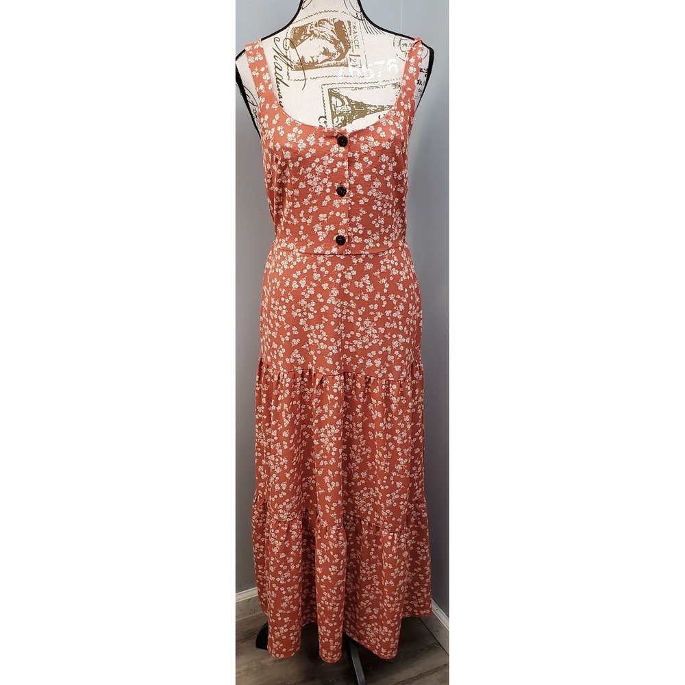 Monteau Los Angeles Tiered Maxi Dress Womens Medium Multi Floral Button-Front